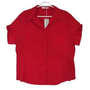 Red Button-Up Short Sleeve Blouse Women's Size 22 Woven 100% Cotton, NWT